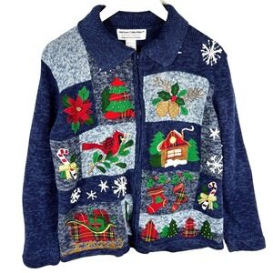 Vtg Heirloom Collectibles Women Knit Christmas Winter Cardigan Sweater Sz M Blue